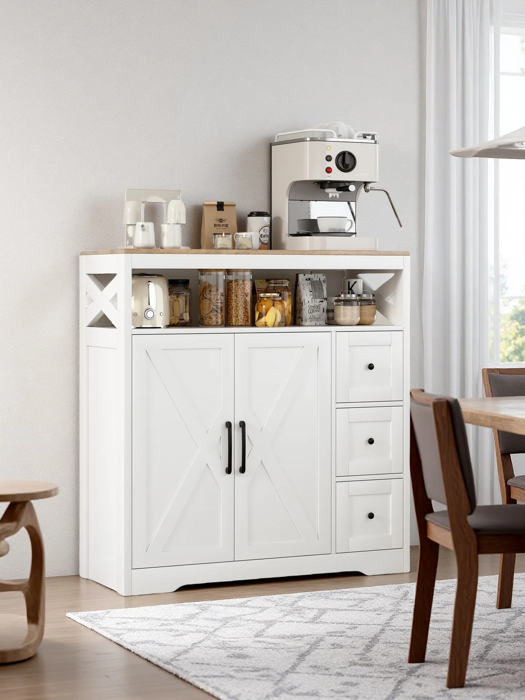Aparador de cocina con encimera, cajones y puertas, blanco, ideal para la sala de estar, cocina o comedor