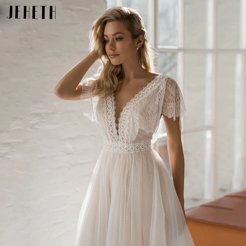 JEHETH Cap Sleeve Boho Wedding Dresses Backless Lace Appliques Beach Bride Gowns Robe De Mariée Dot Tulle V-Neck Sweep Train