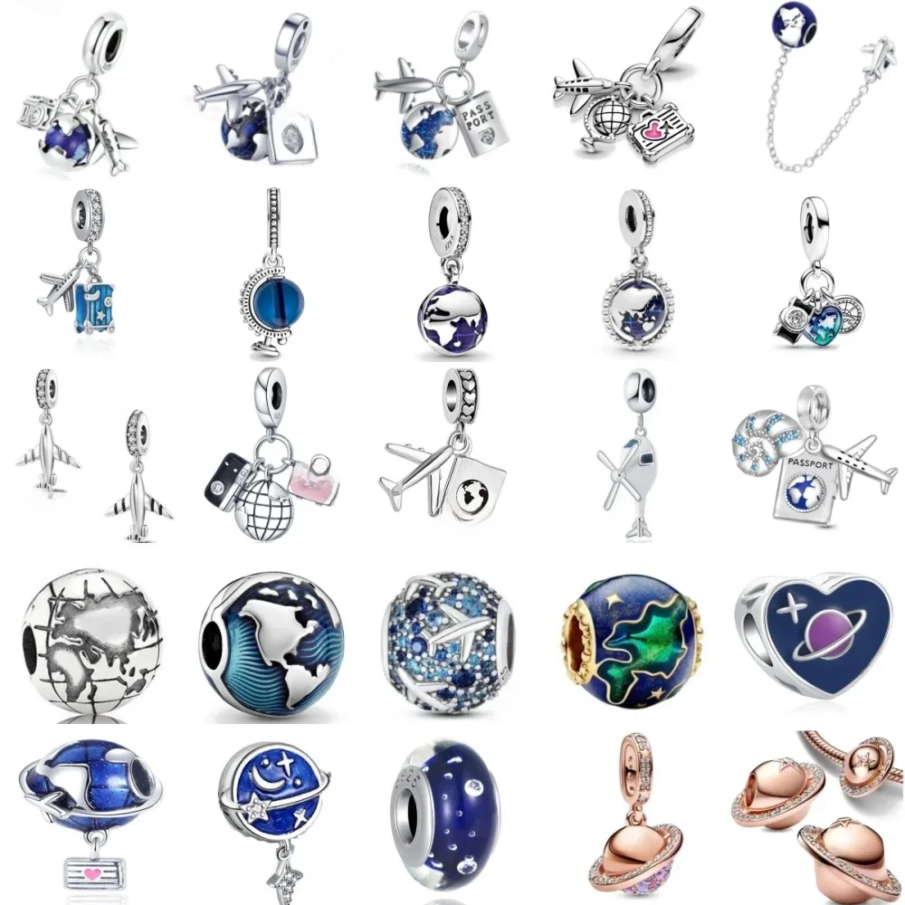 925 Sterling Silver Blue Earth Charm Beads, Avião, Globo, Amor, Viagem Dangle, Belas Beads, se
