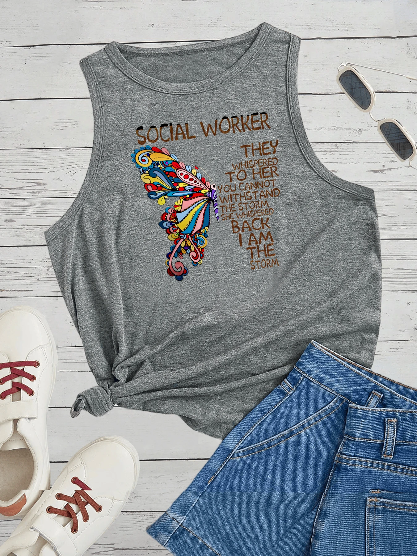 Print Vlinders En Letters Vrouwen Veelzijdige Ronde Hals Mouwtjes Tanks Tops Sexy Meisje Los Vest Voor Strand Tee Dames Top S-46