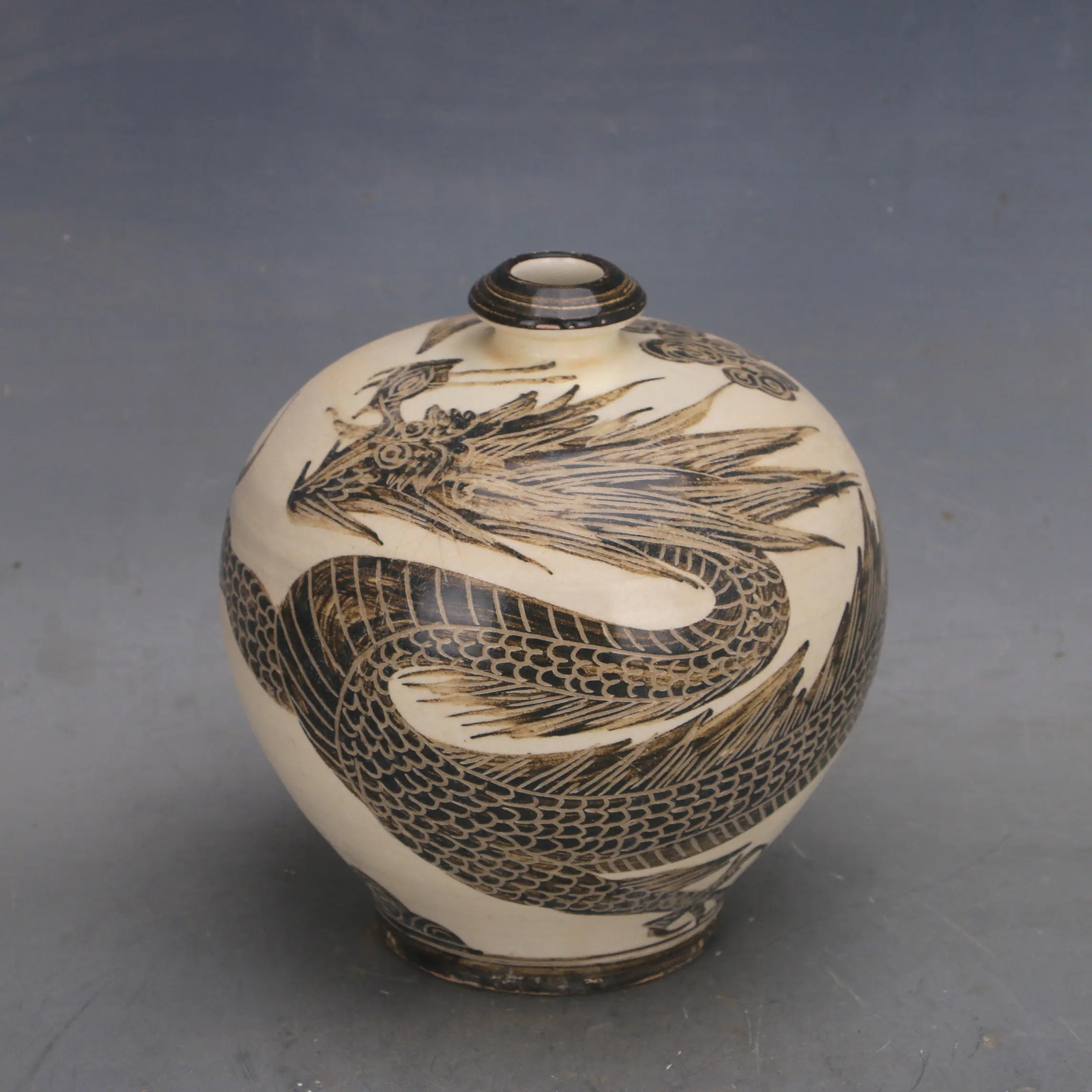 Antique Style Painted Carved Dragon Pomegranate Vase Cizhou Ware Porcelain Home Decor Collectible