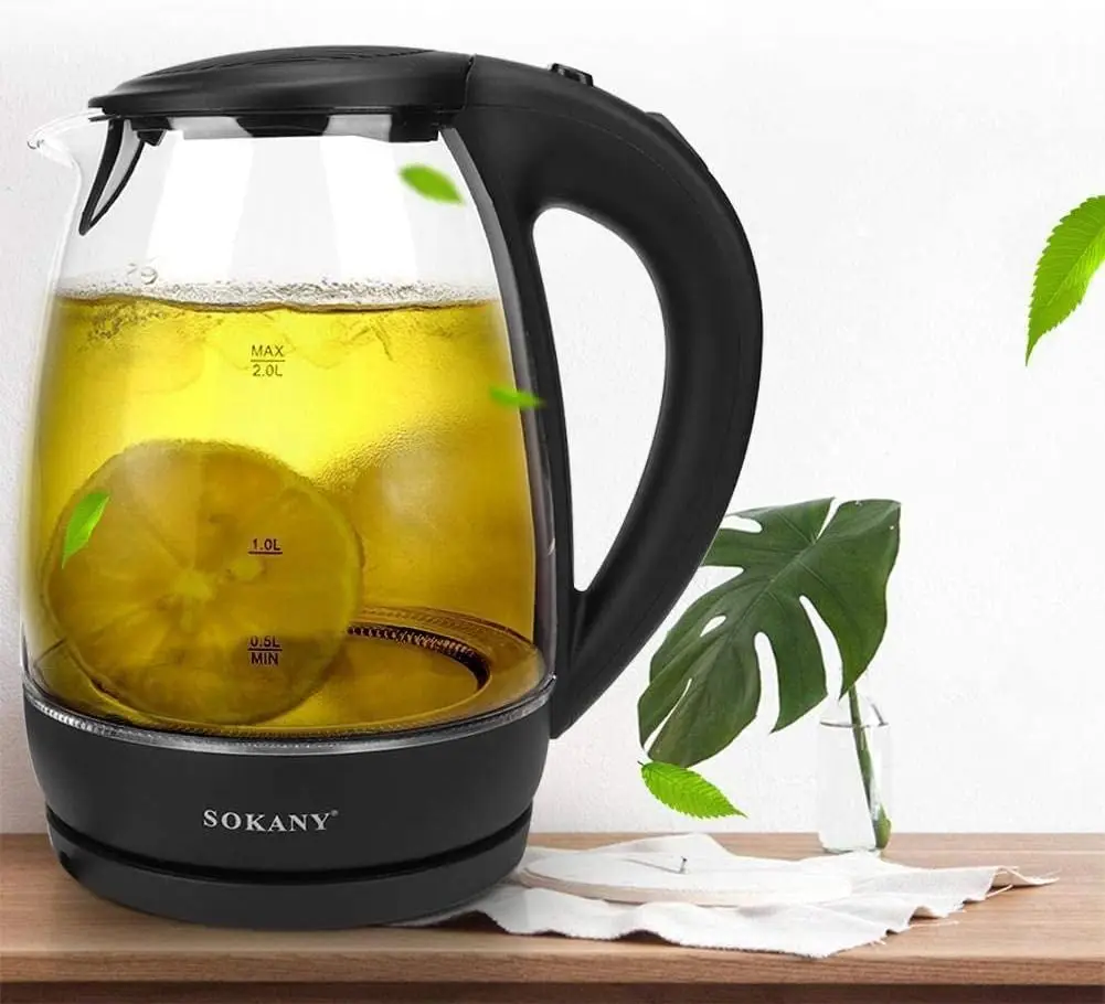 Hervidor de Agua Eléctrico Sokany 2L 1500W, Tetera Eléctrica Transparente de Vidrio, Apagado Automático, Filtro Extraíble y Lava