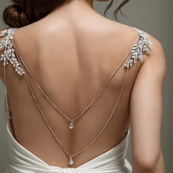 Elegant Zircon Bridal Back Chain Water Drop Backless Dress Wedding Multilayer Boho Leaves Crystal Shoulder Chain Body Jewelry