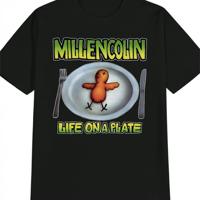 

Men'S Casual Round Neck Pure Cotton T-Shirt with Whimsical Cartoon Chicken on Plate Design Millencolin Life on a Plate Blend Eve