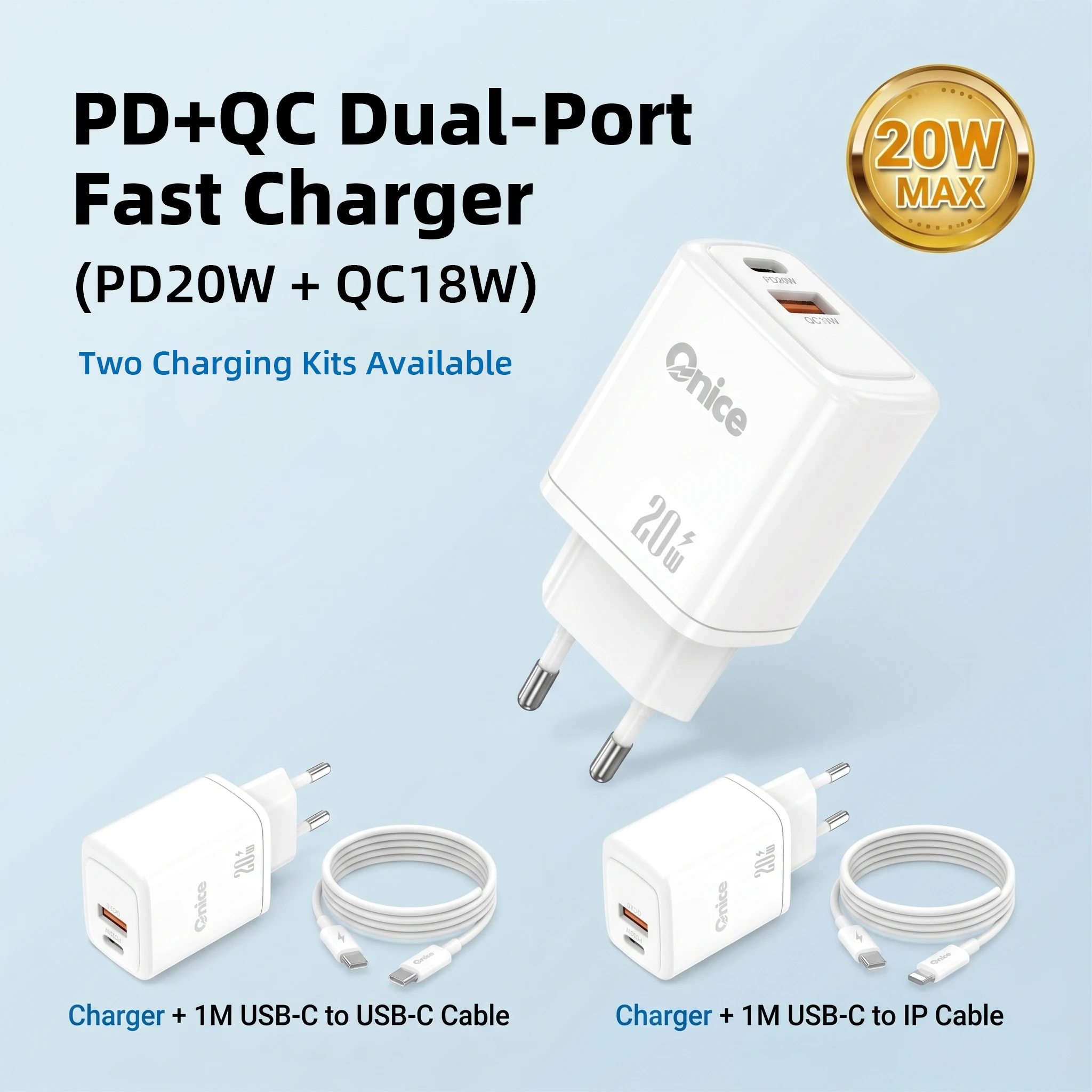 

For iPhone Charging Kit 20W Dual Port Charger USB A Type C PD QC EU Charger Block with Cable For iPhone 17 16 15 14 13 12 11 Pro