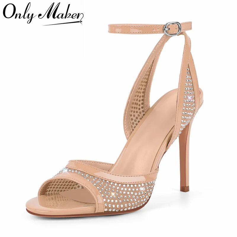 

Onlymaker женские босоножки на высоком каблуке с открытым носком и стразами и пряжкой с шипами и ремешком на щиколотке, свадебное платье на шпильке с открытой пяткой