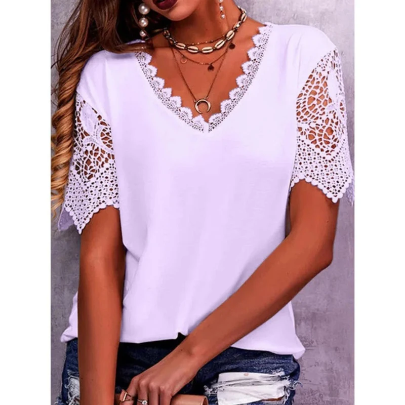 Vintage Fashion Lace Trendy Women T Shirts Casual Elegant Chic Oversized Blouses Tees Solid Color Streetwear Tops Odzież damska