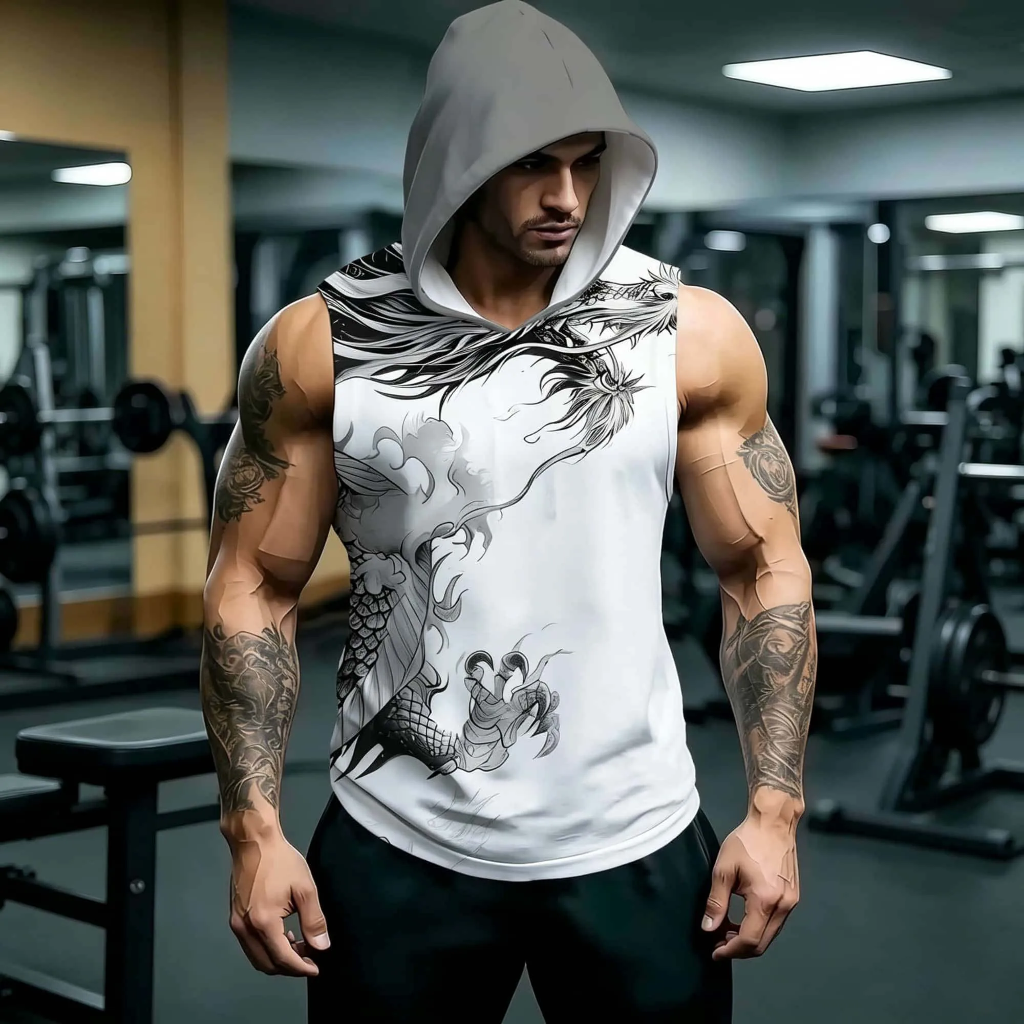 Men Traditional Chinese Ink Dragon Print Sleeveless Hooded Tank  Fashion Streetwear Outdoor Sports Pullover Hooded Vest