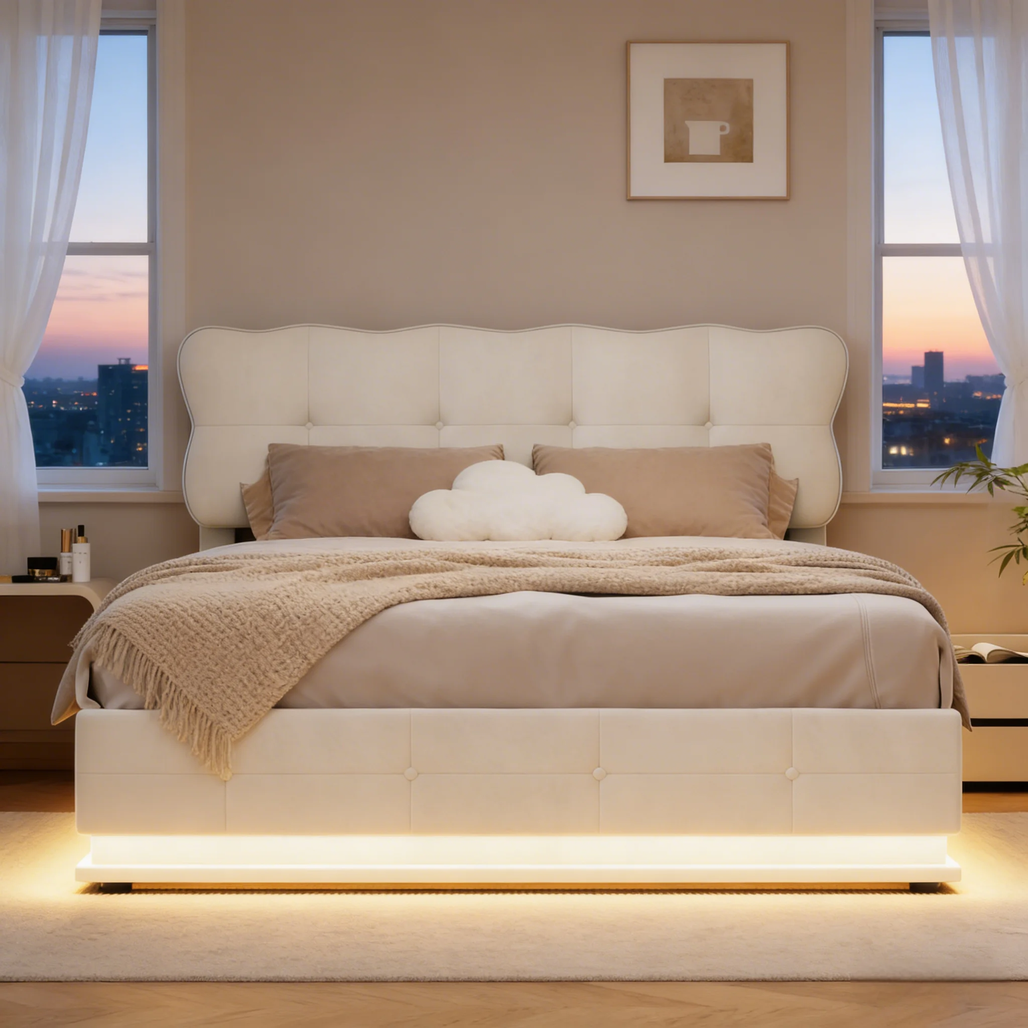 Doppelbett, Polsterbett, hydraulisches Stauraumbett, mit LED-Beleuchtung und Lattenrost, Samtstoff, wolkenförmiges Design, Matratze nicht im Lieferumfang enthalten