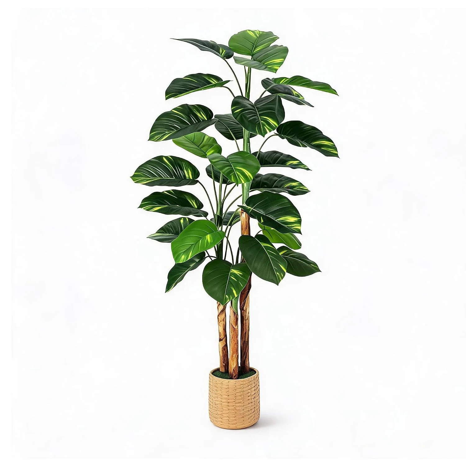 Albero artificiale di Scindapsus alto 1,8 metri, piante finte con vaso decorato a motivi intrecciati, piante artificiali con 3 tronchi per decorare la casa, l’ufficio, il soggiorno, ideale per feste