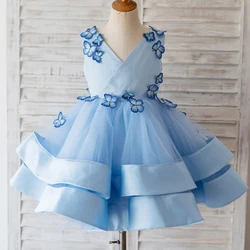 Himmelblau ärmellose Blumen mädchen Kleid klassischen V-Ausschnitt Tüll und Satin mit Schmetterlingen A-Linie Kinder Baby Party benutzer definierte Kleider