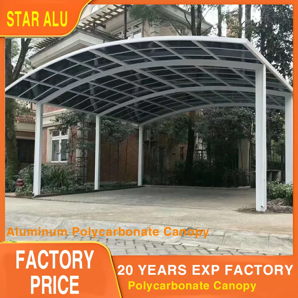 

Уличный алюминиевый навес для автомобилей с водонепроницаемой поликарбонатной плоской крышей, современный дизайн, металлический каркас, на 2 машины