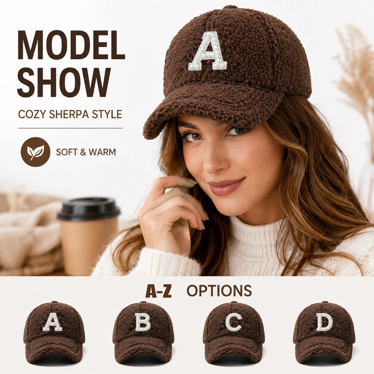 Women 26 Letters Baseball Cap, COffee Faux Fleece Hat with Pearl Rhinestone Letter A-Z Patch, Cozy Adjustable Winter Cap