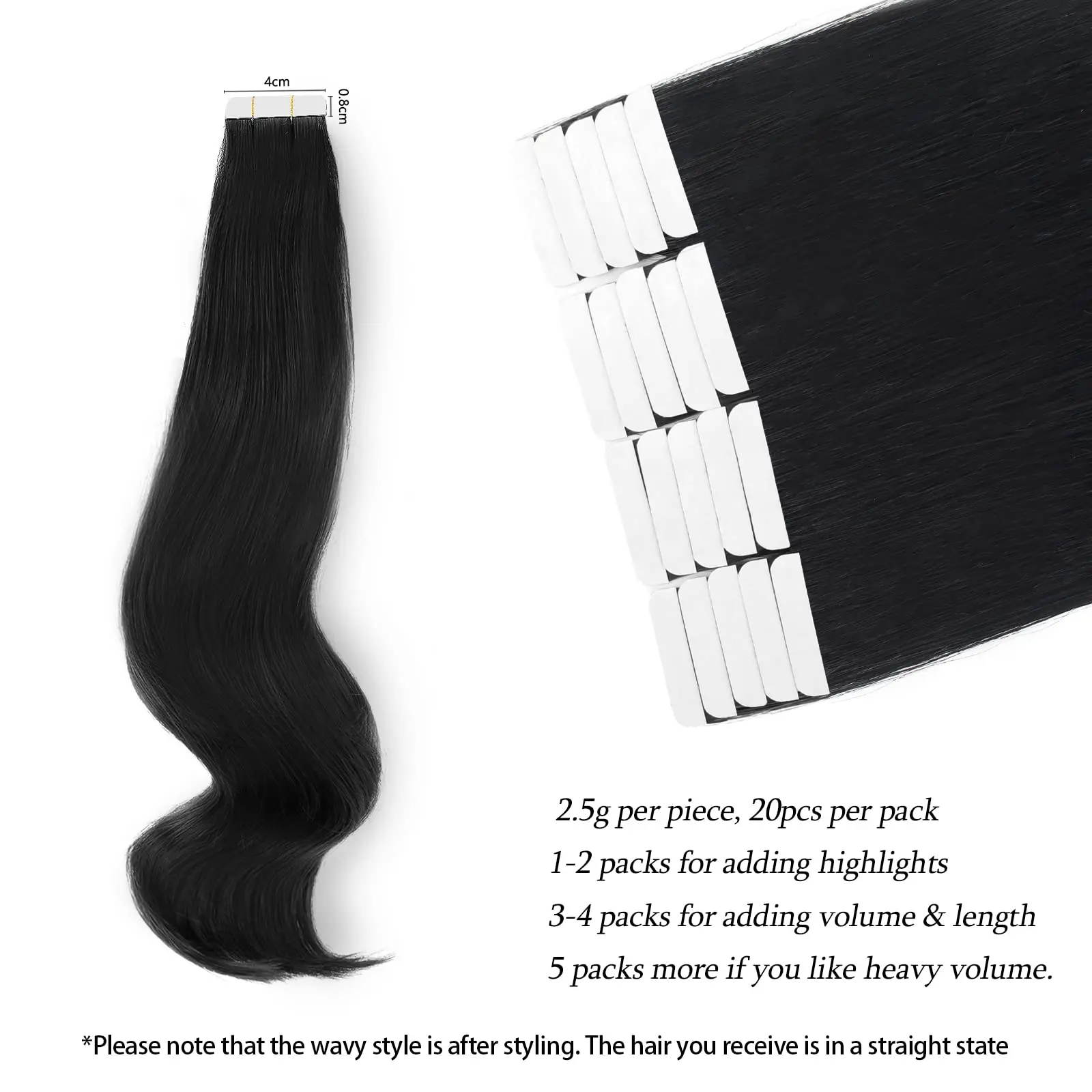 Straight Tape in Extensions Real Remy Human Hair Remi Black Hair Extension Glue in Skin Weft Tape Hair Extensions Jet Black #1