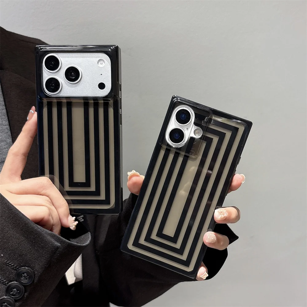 

New square glossy luxury black minimalist line frame suitable for iPhone 17 Pro Max 14/15/16 13 Pro Max anti drop protective cas