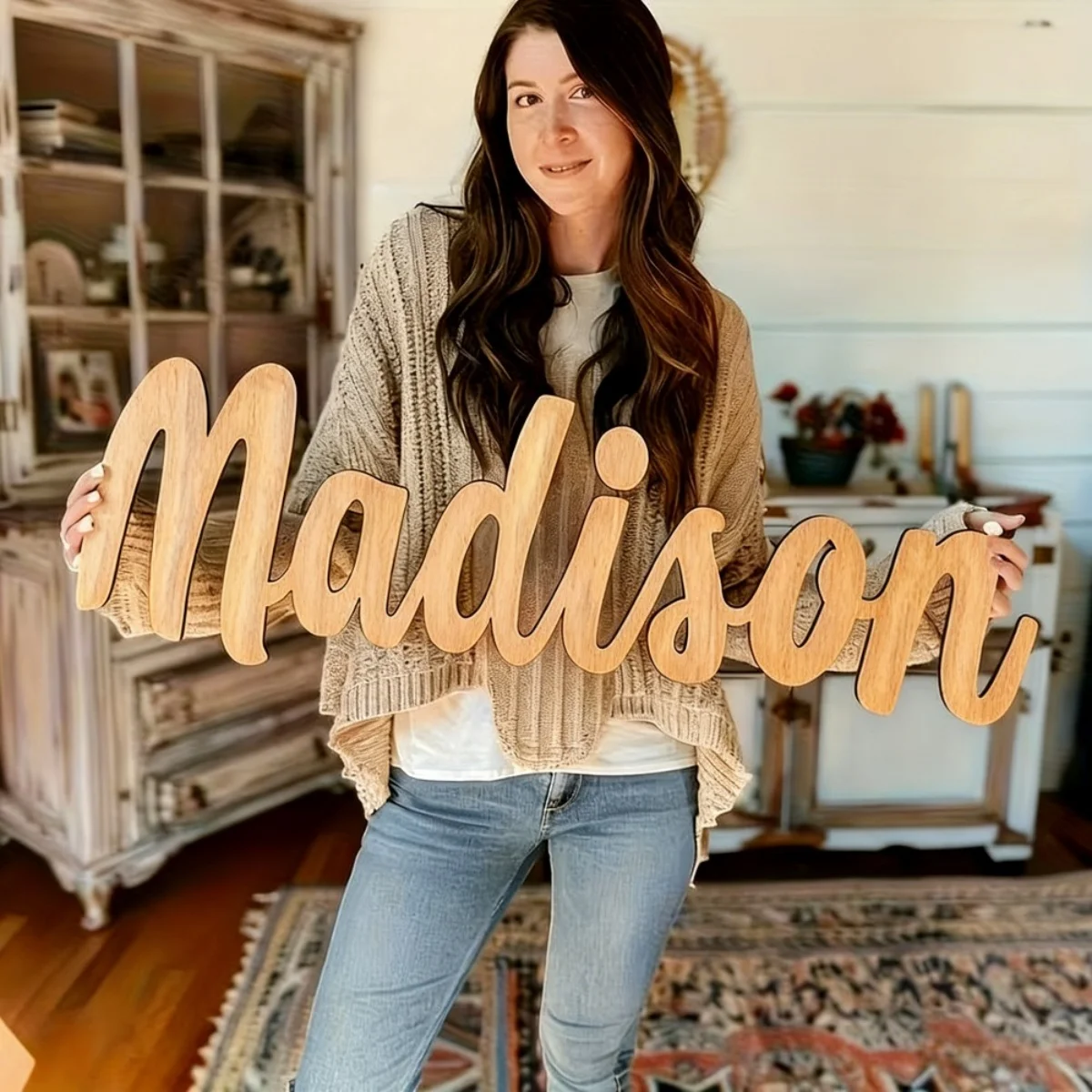Custom 2D wooden letter sign—personalized home or office décor, elegant hanging letter ornament, vertical display design, beauti
