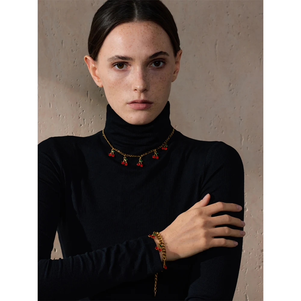Yhpup Hot Style Stainless Steel Cubic Zirconia Cherry Drop Chain Necklace Bracelet Bangle 18K Gold Color Plated Delicate Jewelry