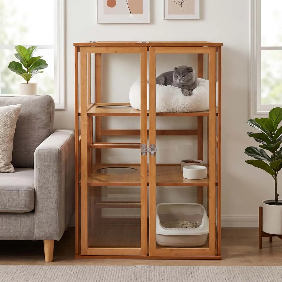 [US Stock] Bamboo Cat Cage, Multi-Level Indoor Cat Enclosure with Clear Panels, Vent Top & Litter Box Space, Furniture-Style Cat