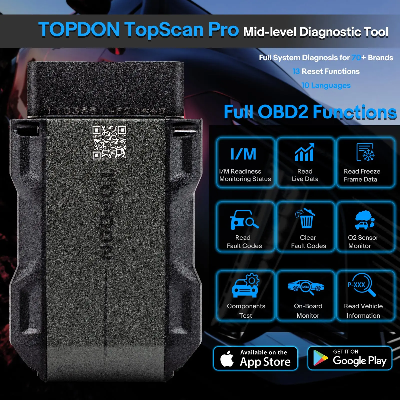 TOPDON TopScan Pro Bluetooth Mid-level Diagnostic Scan Tool 13 Reset Functions Support TopFix AI CAN FD I/M Readiness Scanner