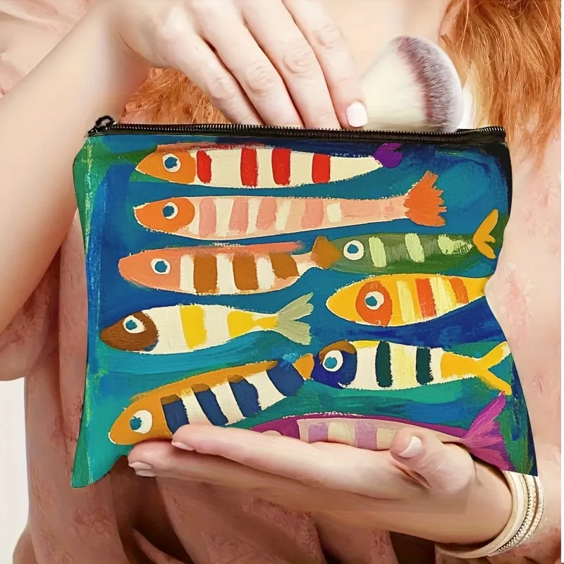 1Pc Colorful Striped Ocean Fish Retro Design Makeup Bag, Snack Storage Bag, Stationery Storage Bag, Travel Bag, Canvas Double-Sided Printed Bag
