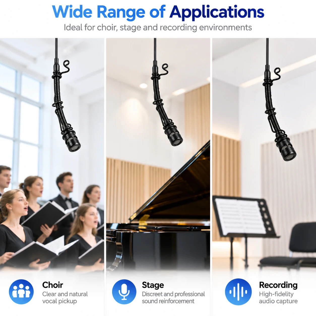 Overhead Hanging Condenser Microphone with Adjustable Gooseneck Spring Hook 3 Pin XLR for Choir Church Stage Theater Recording