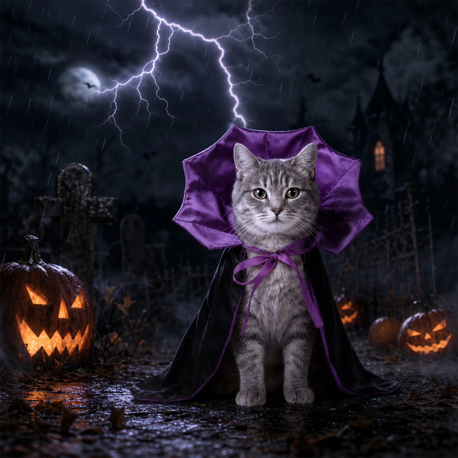 Halloween-Vampirumhang für Hunde und Katzen, lila Zaubererumhang als Haustierkostüm mit verstellbarer Krawatte, gruseliges Verkleidungs-Outfit. – Detail 5