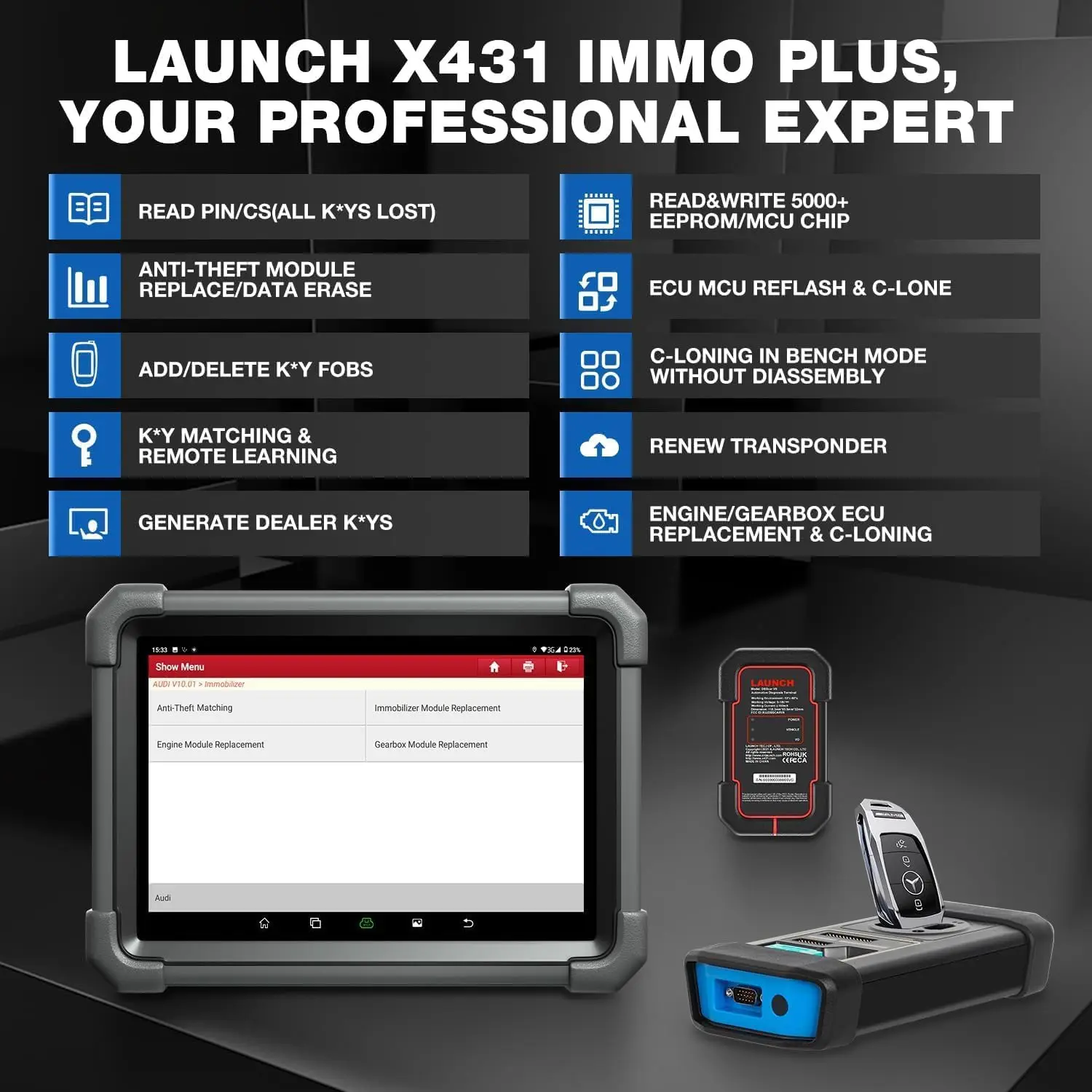 Picture 3: LAUNCH X431 IMMO Plus OBD2 Car Diagnostic Device with ECU Coding Full Key Programming with 39+ Reset Service, ABS, Oil, EPB, DPF
