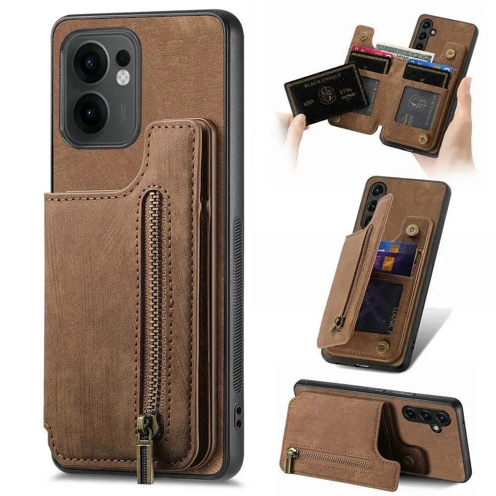 Skórzane etui z zamkiem błyskawicznym do OPPO Reno 16 15 13 Pro 12 11F 10 Luksusowe etui na telefon Reno13 14 FS 14F 11 F 11A 13A 15F 16F 5G Magnetyczne etui — zdjęcie produktu 7