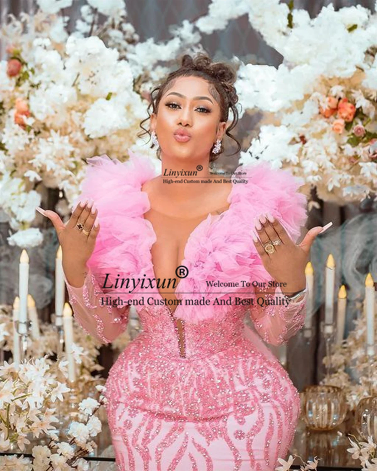 Luxurious Sequins Pink Mermaid Prom Dresses Puffy Full Sleeves Long Evening Party Gowns Arabic Aso Ebi African vestidos de gala