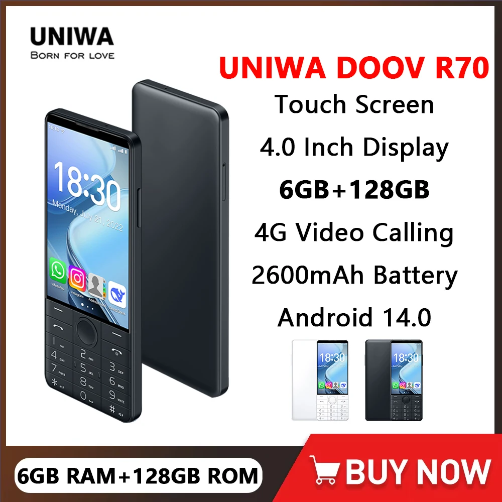 UNIWA DOOV R70 4G Smart Touch Screen Keypad Mobile Phone Android 14 4 Inch 6GB RAM+128GB ROM 2600mAh Whatsapp Russian keyboard