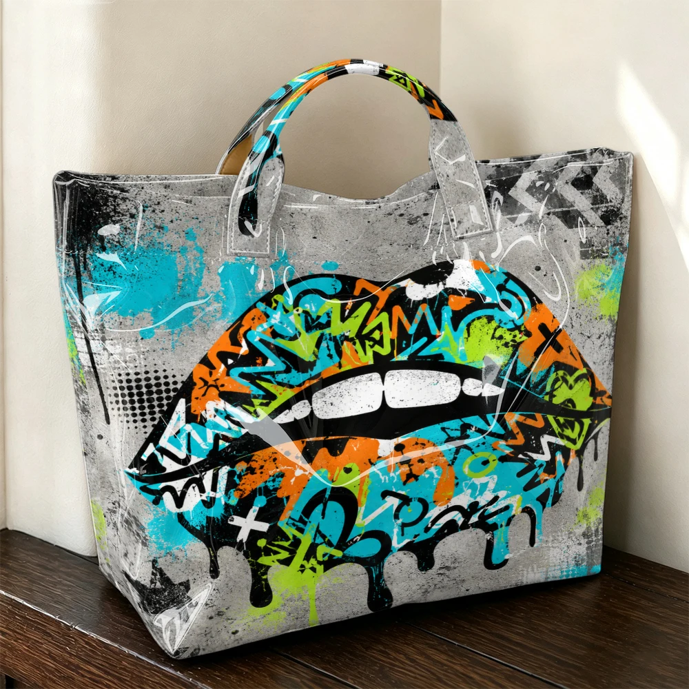 1 Piece of Green Orange Contrast Dripping Graffiti Red Lip Bright Tote Bag, Cement Gray Bottom Polka-Dot Splash American Hand Bag, Hip-Hop Street Large-Capacity Shoulder Bag, Trendy Street Girl Daily Shopping Travel Handbag.