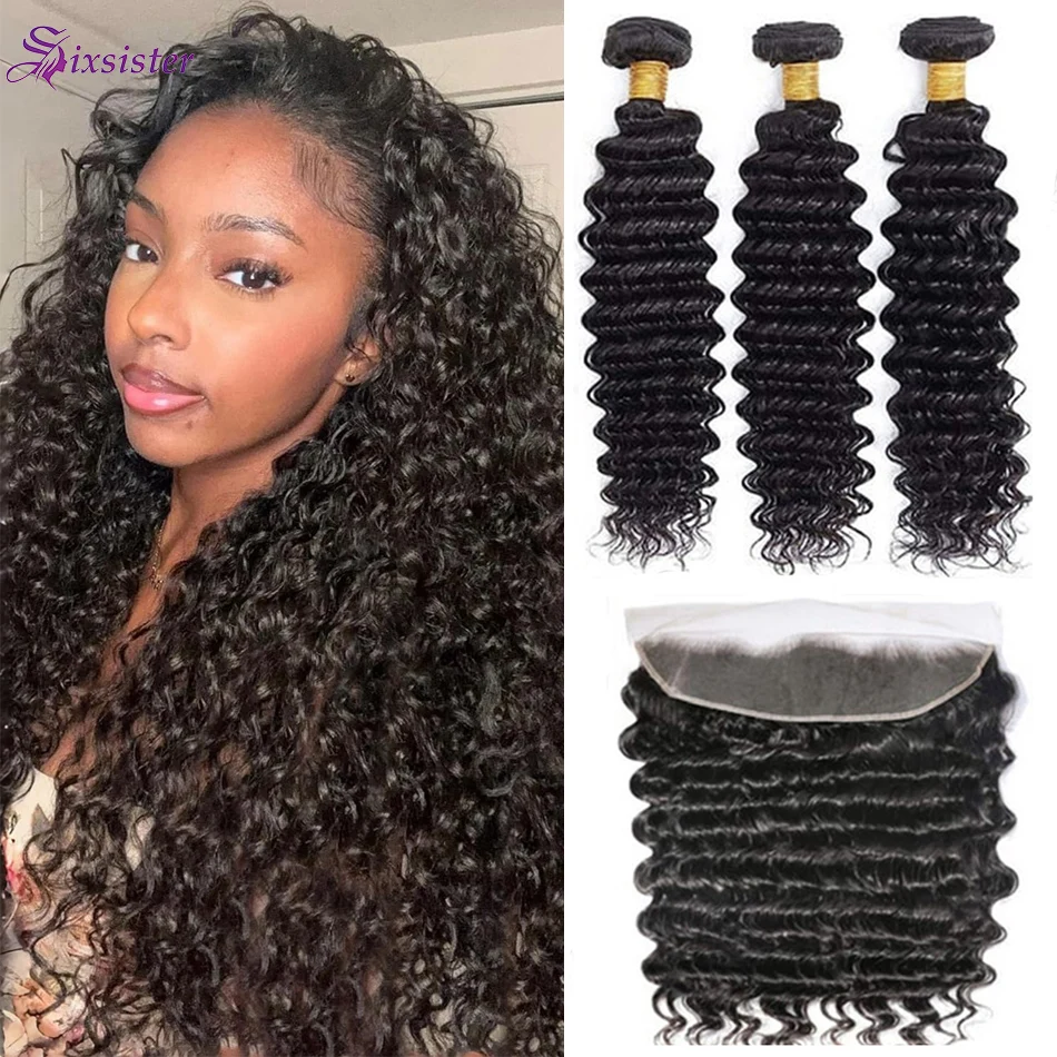 

Наборы волос Deep Wave из натуральных человеческих волос с фронтальной частью, бразильские необработанные волосы Wet and Wavy Water Wave, 3 пучка с фронтальной частью из кружевной ткани 13x4