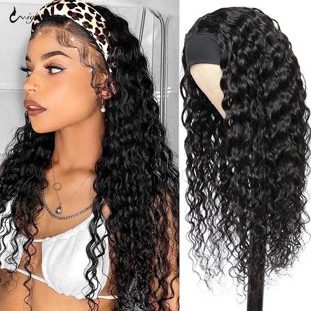 

250 Density Headband Wig Human Hair Full Machine Made Deep Wave Human Hair Wig Headband Brazilian Remy Scarf Wig For Women
