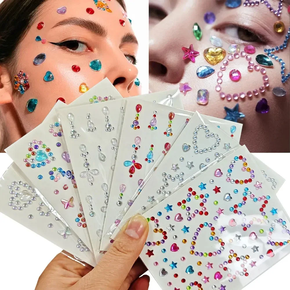 Autocollants colorés en strass avec nœud/étoile/coeur, autocollants auto-adhésifs à paillettes pour tatouage de pierres précieuses, maquillage, artisanat de cheveux, décor 8x10cm