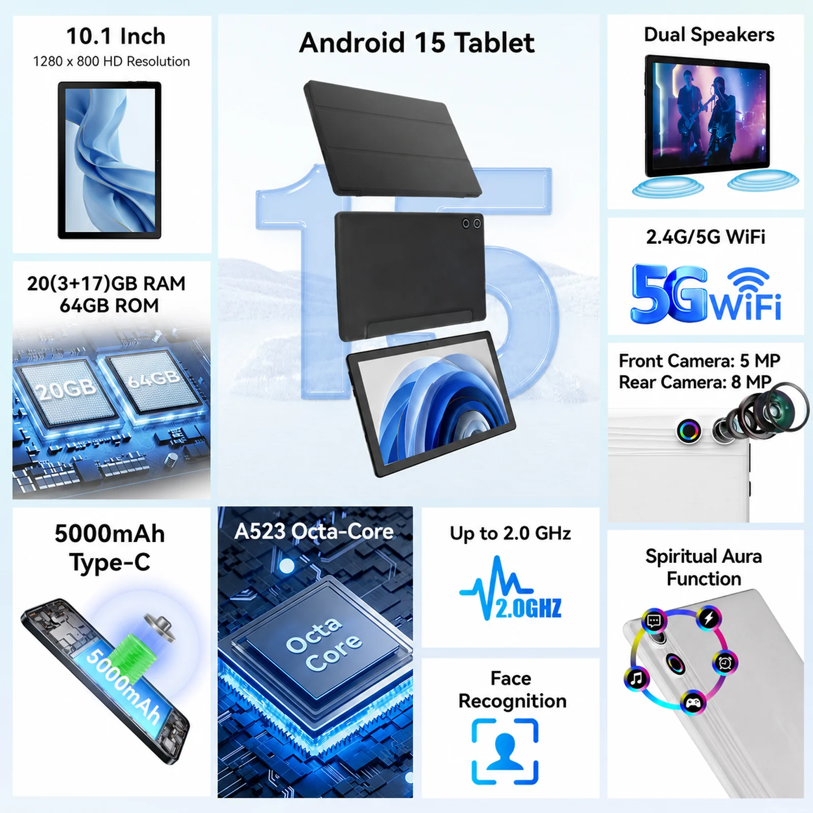 10.1 Inch Android 15 Tablet PC 24GB RAM 64GB ROM Octa Core Tablet with Widevine L1 WiFi Tablet for Students Back to School UK Stock