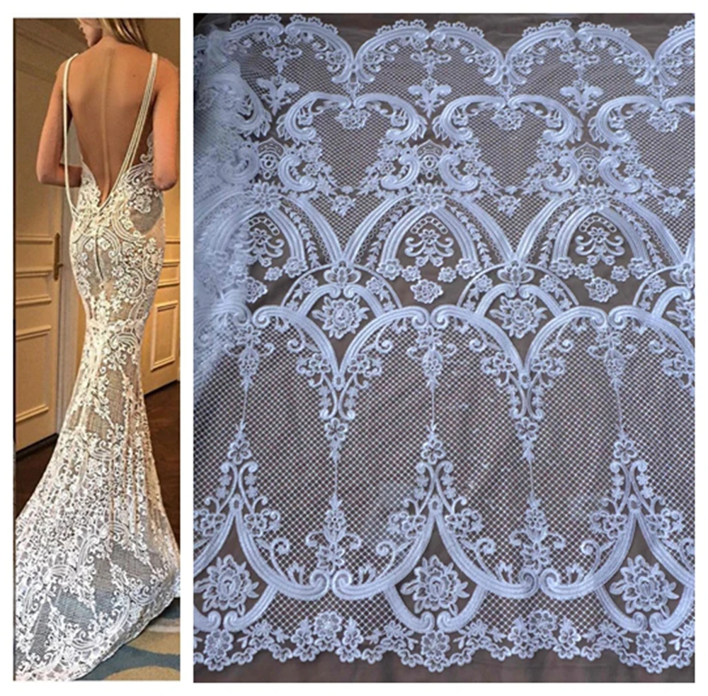 

HelluyerDc Ivory,black carded sequins lace fabric,Hight quality,large patterns heavy embroidery for wedding prom dress fabric