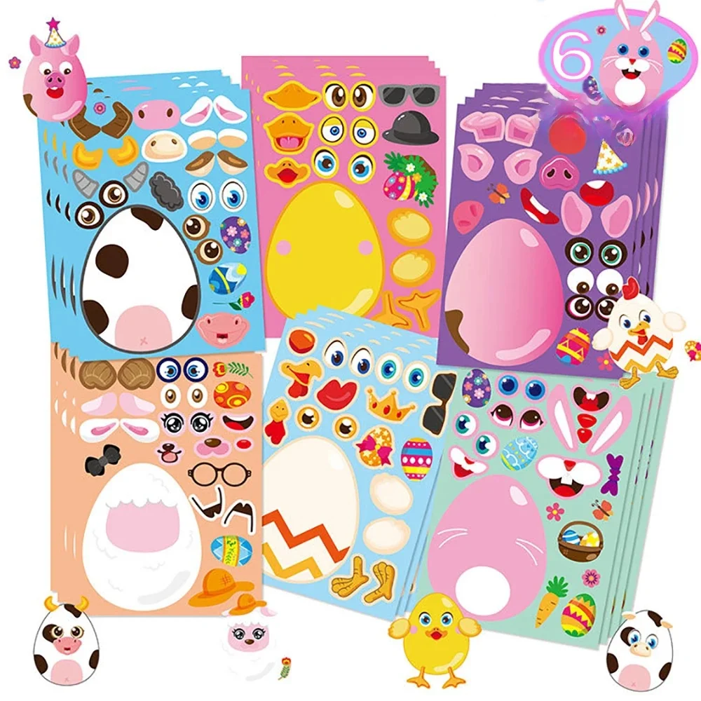 Autocollants de Puzzle œufs de pâques, 6/12 feuilles, faites votre propre Kawaii, poussin, vache, lapin, jouets pour enfants, cadeau