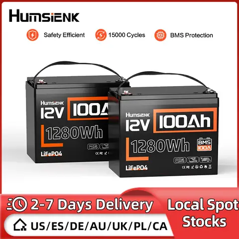 Humsienk 12v Rechargeable lithium 2 PACK Batteries 100Ah 1280Wh LiFePO4 Battery Built-in 100A BMS 15000 Cycles For Fish/RV/Solar