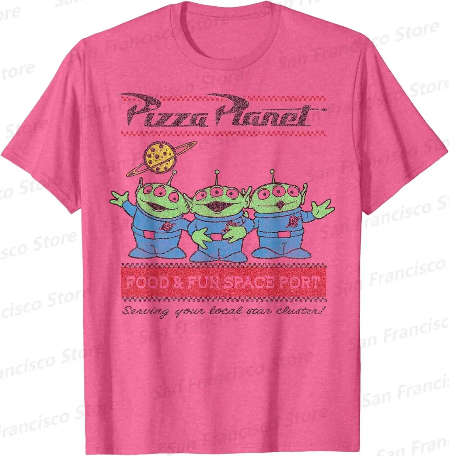 Letnie nowe chłopięce i dziewczyny Disney Pixar Toy Story Pizza planeta obcy kreskówka wzór t-shirt dla dzieci/dorosłych na co dzień z okrągłym