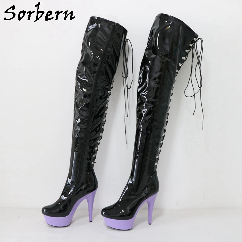 Sorbern 15Cm Black Lanver Pole Dance Boots Women Stripper High Heel EU44 Drag Queen Shoe Lace Up Back Wide Slim Fit Shoes