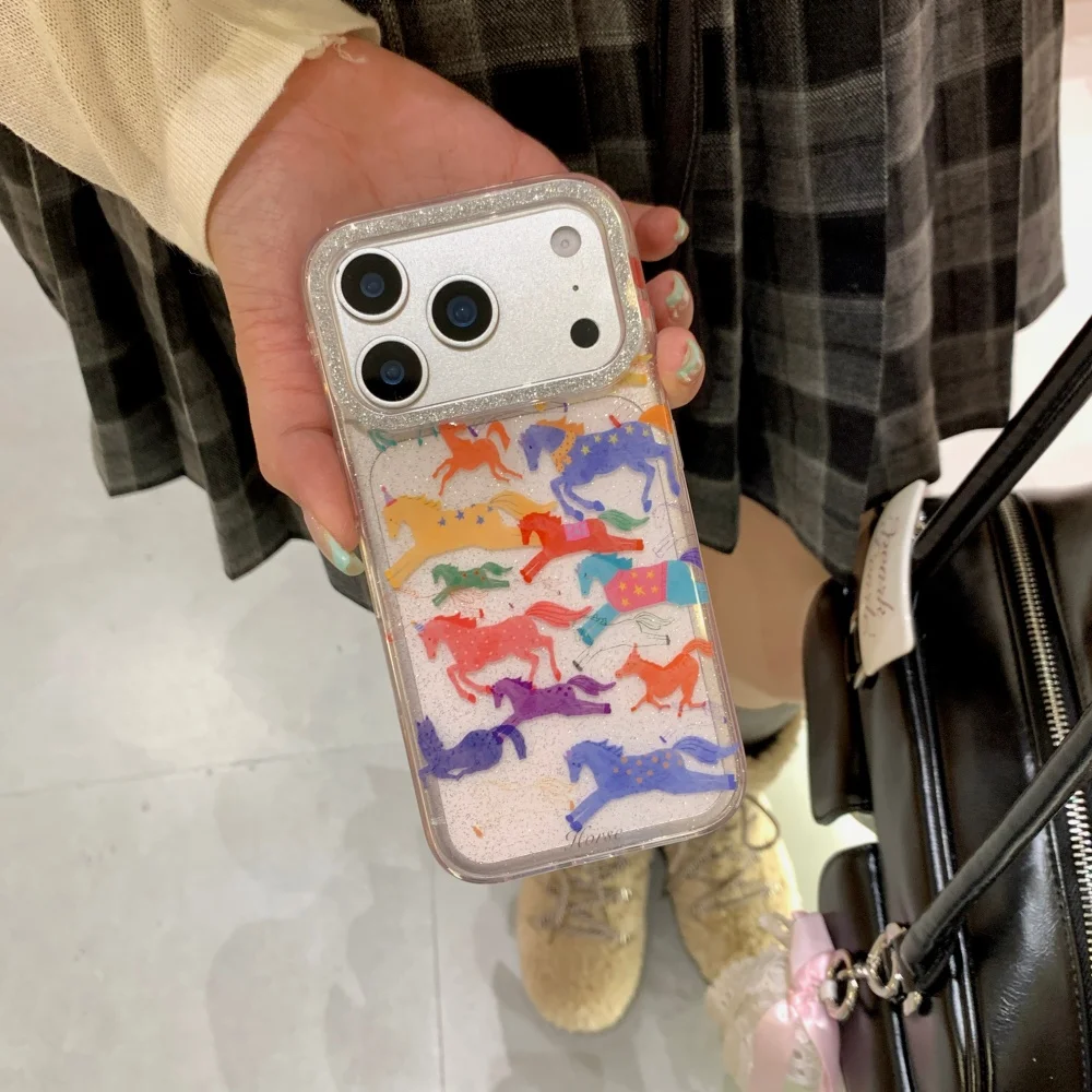 

Artistic style glitter lens colorful galloping pony phone case,suitable for iPhone 14/15/16/17ProMax,fashionable protective case