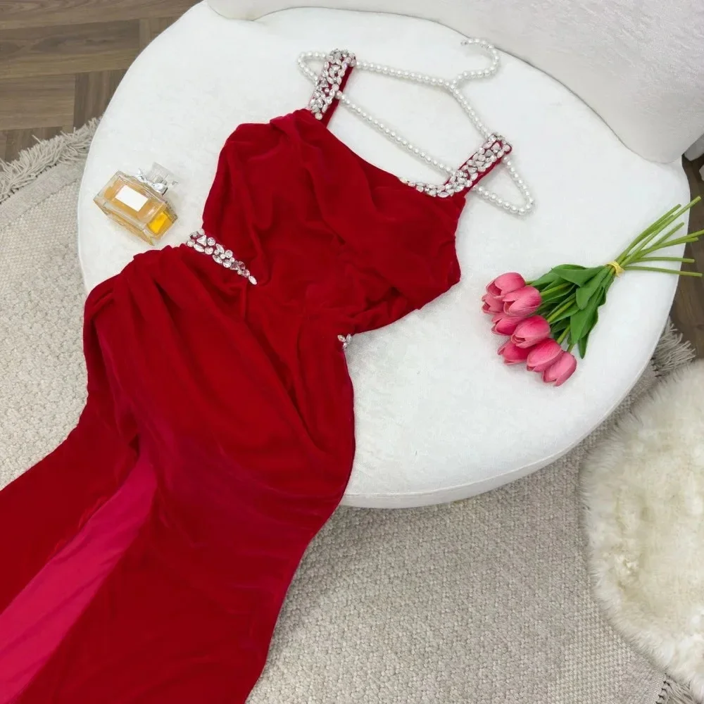 Red Long Party Dresses Front Split Pleats Elegant Luxury Evening Dress 2024 Spaghett Dresses for Formal Occasions Fashionable