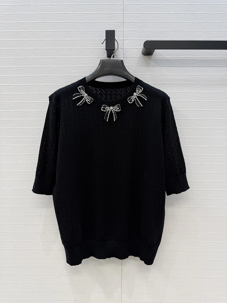 

2026 Spring Summer New Wool White Crew Neck Short Sleeve Striped Openwork Handmade Beaded Women's Pullover Short Sleeve Sweater