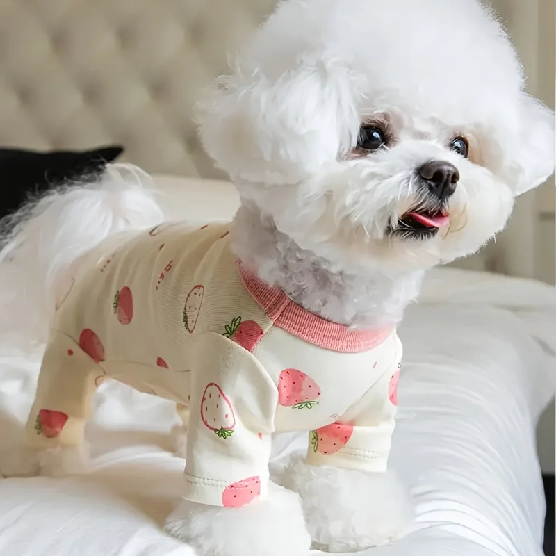 Strawberry Pattern Pet Jumpsuit, Knit Fabric Pullover for Small to Medium Dogs, All-Season Polyester Dog Onesie, Machine Washabl