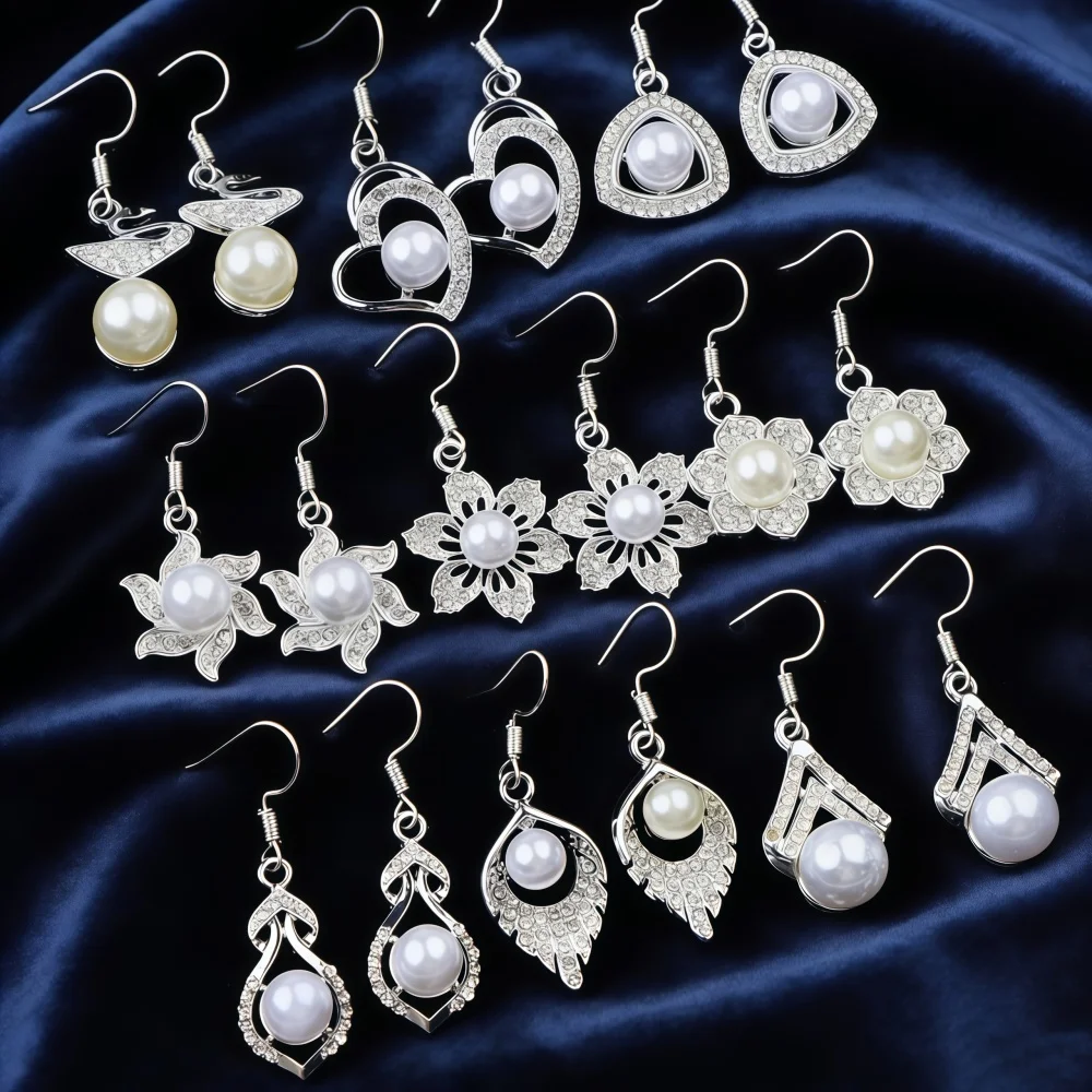 12Pairs/Lot Fashion Geometric Simple Imitation Pearl Earrings For Women Flower Heart Mix Style Charming Jewelry Festival Gift