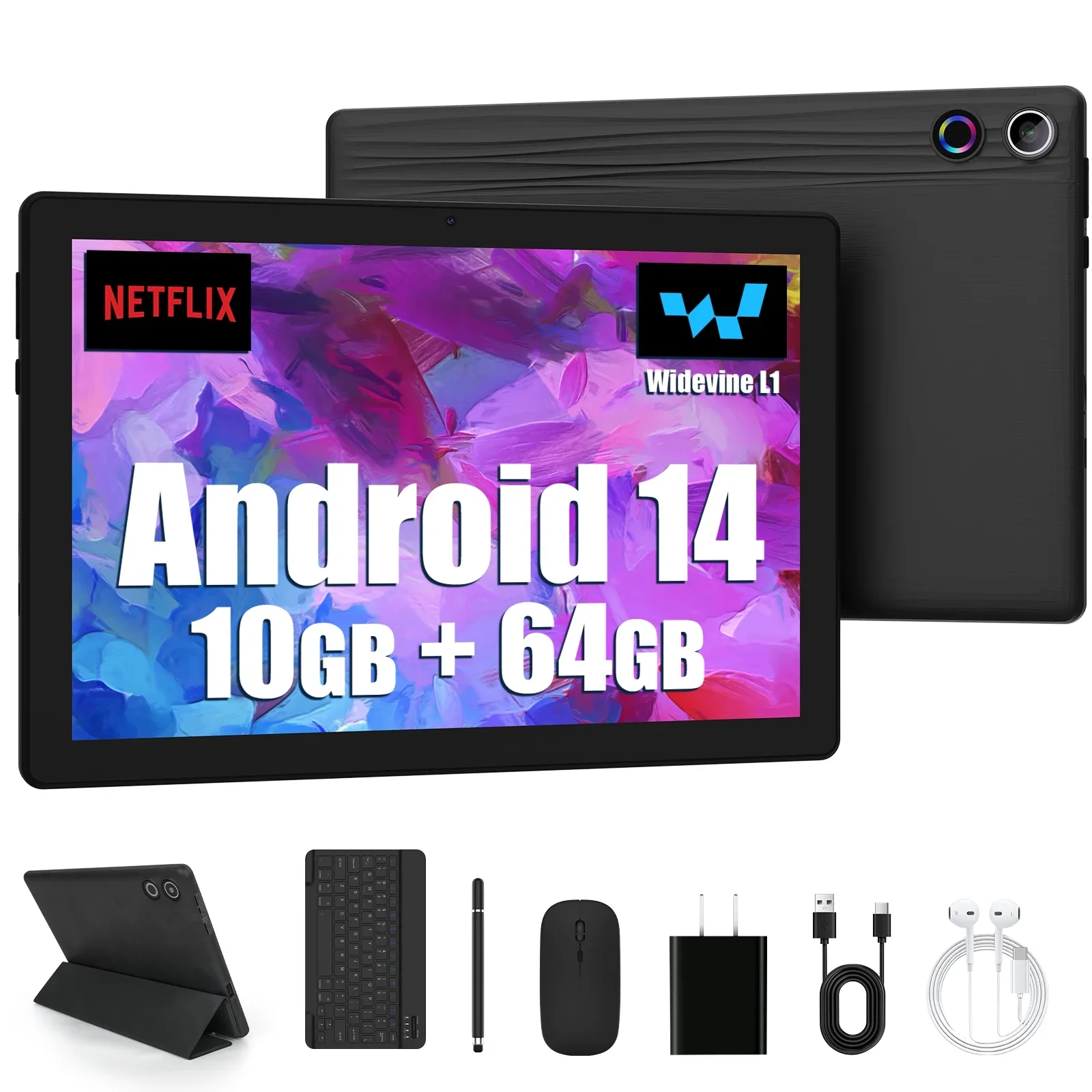 Tableta Android 14 DE 10 pulgadas A523, ocho núcleos, 8GB de RAM + 64GB de ROM(TF 1TB), 5000mAh, desbloqueo facial, negro + juego de teclado y ratón, color negro