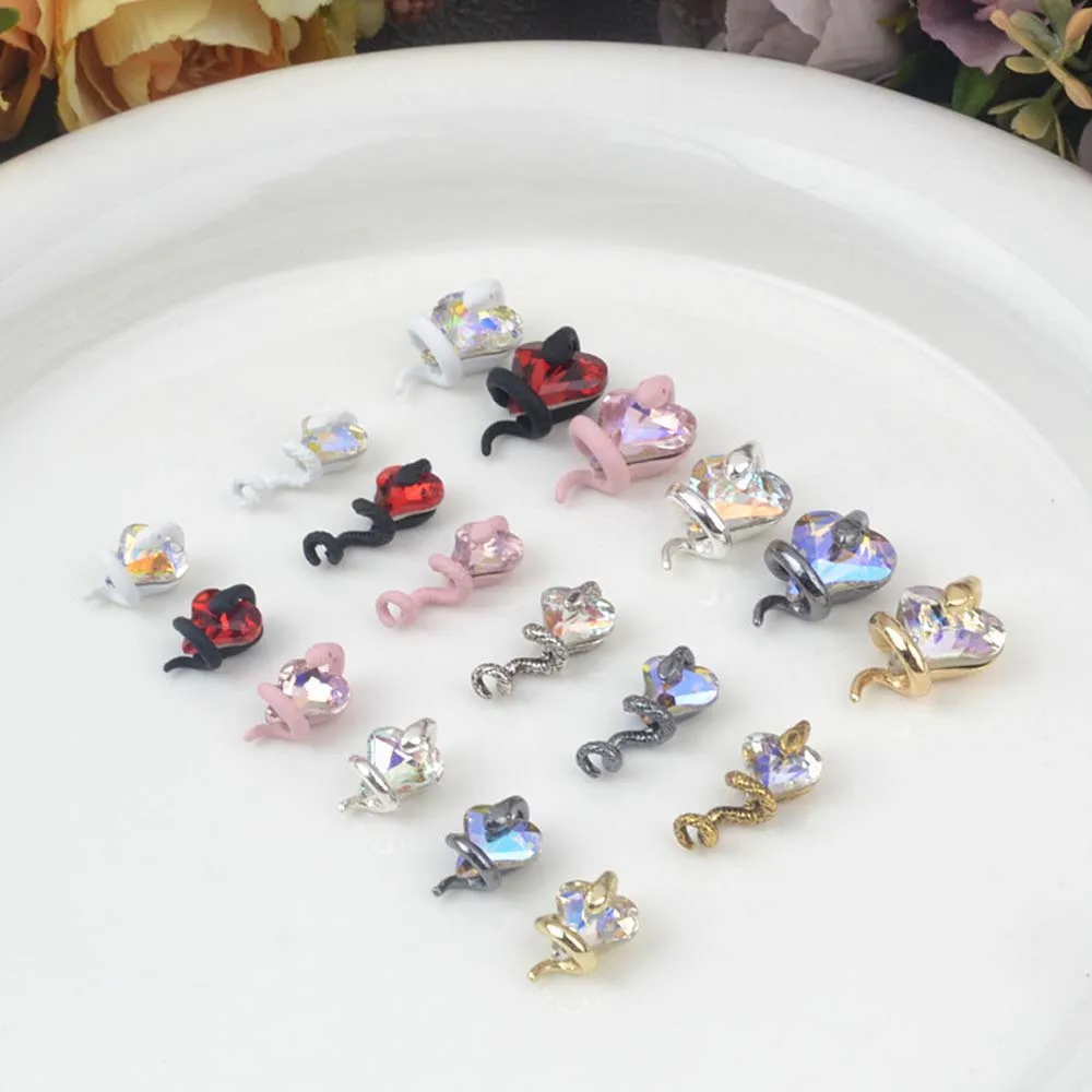 10Pcs Snake Hover Crooked Heart Nail Art Charms 3D Alloy Snake Twists Around Crystal Nail Decoration Luxury DIY Nail Accessories