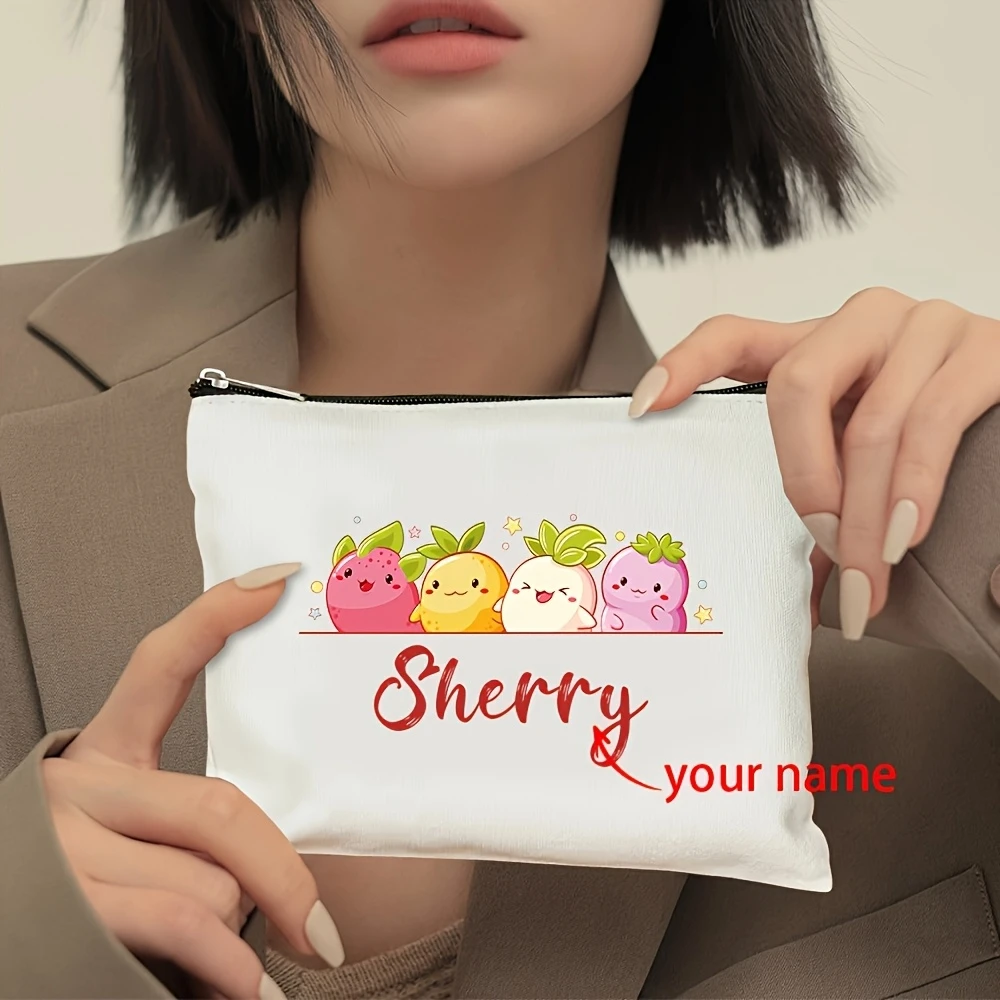 Customizable Name Makeup Bag with Cute Cartoon Fruit Design - Personalized Zipper Pouch for Travel, Gifts, and Daily Use