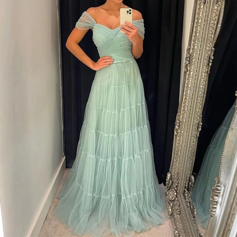 

Simple Light Green Off Shoulder Lace Party Dress Crinkled Tulle Sweetheart Prom Dress Ruffle Slim Formal Evening Dress Vestido D
