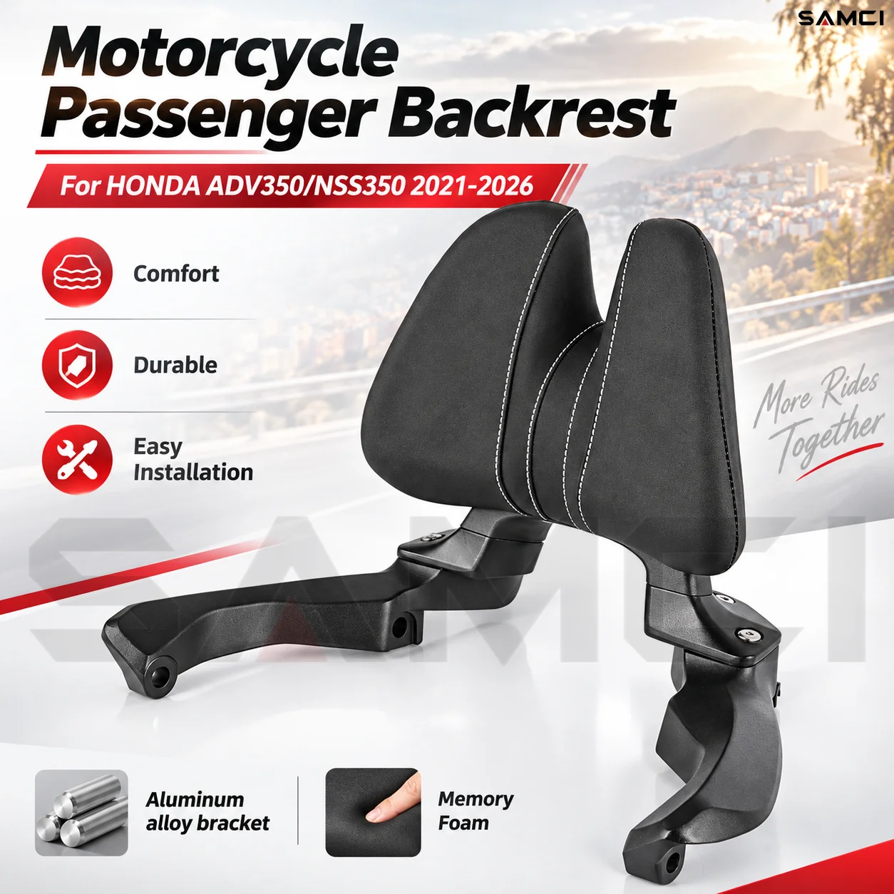 Motorcycle Passenger Backrest Aluminum Alloy Bracket Rear Seat BackRest Memory Foam Pad For HONDA ADV350 NSS350 2021-2026